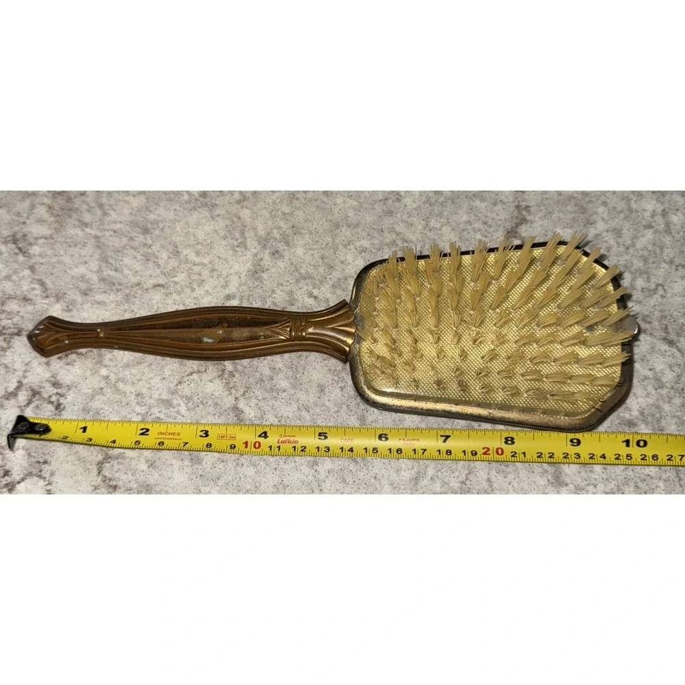 Vintage Victorian Hair Brush Copper Handle 3D Flower Accents Removable Brush